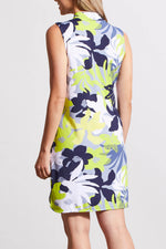Back image of Tribal lime print sleeveless dress with pockets. Lime printed zip detail dress. 
