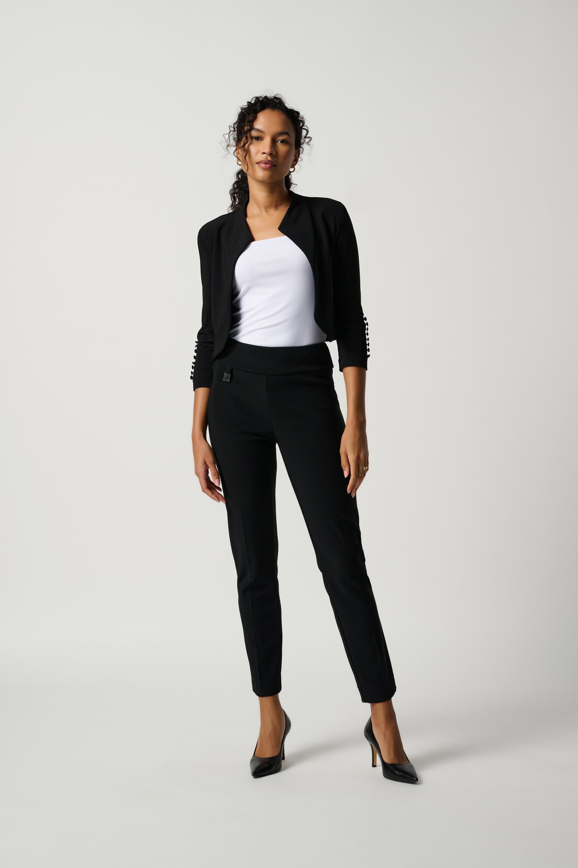 Front image of Joseph Ribkoff pull on classic tailored slim pant in black.