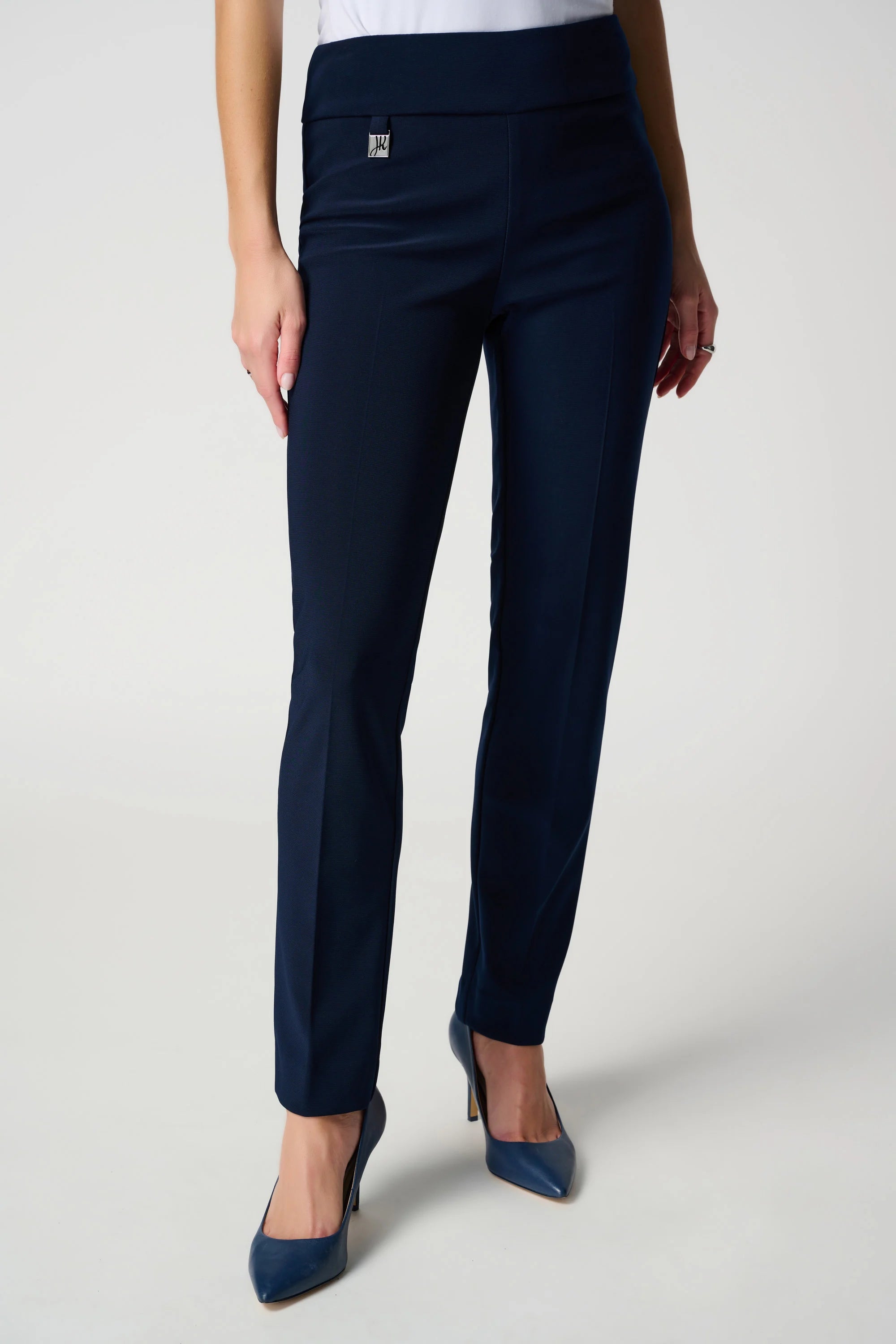 Front image of Joseph Ribkoff pull on classic tailored slim pant in midnight navy.
