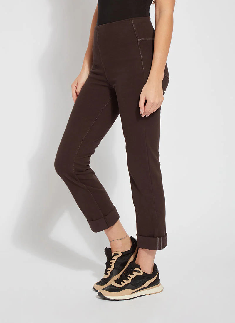 Side image of Lysse boyfriend denim in double espresso brown. 