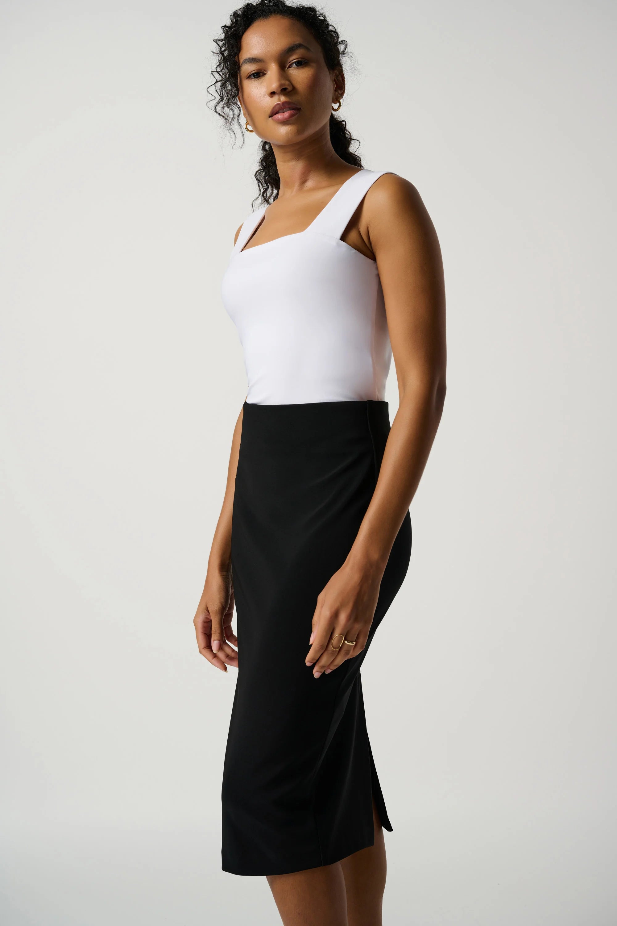 Front image of Joseph Ribkoff classic long pencil skirt in black. 