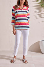 Full front image of striped colorful raglan 3/4 sleeve hoodie