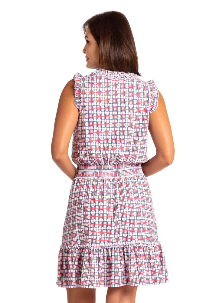Back image of Cabana Life americana printed dress. Ruffle sleeveless printed dress. 