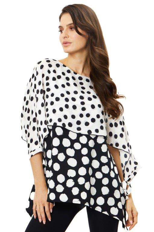 Front image of Adore polka dot lyrd top. 