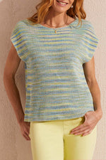 Front image of Tribal cap sleeve sweater. Wild lime short sleeve sweater top. 
