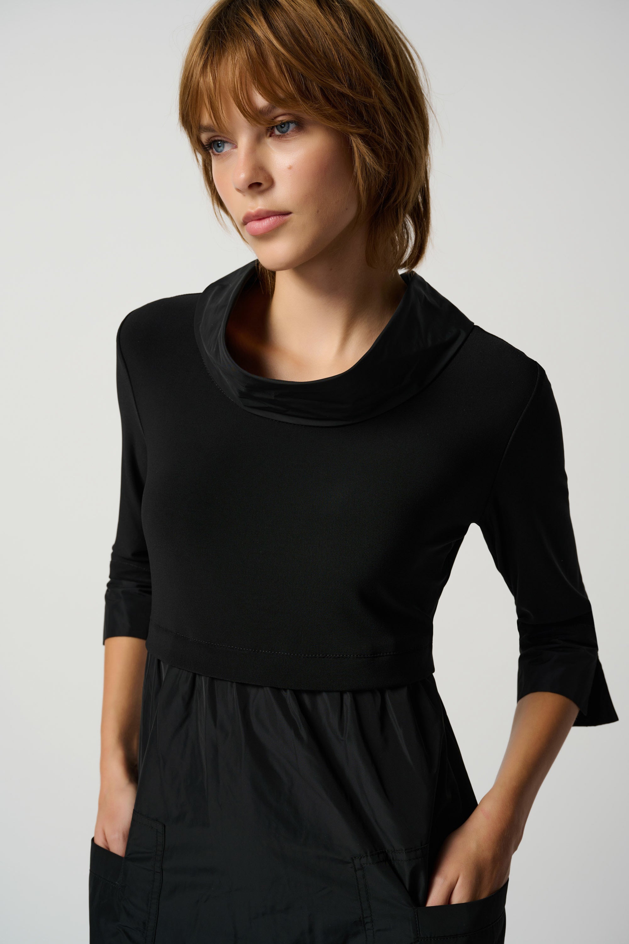 Front detail image of Joseph Ribkoff black cocoon dress. 