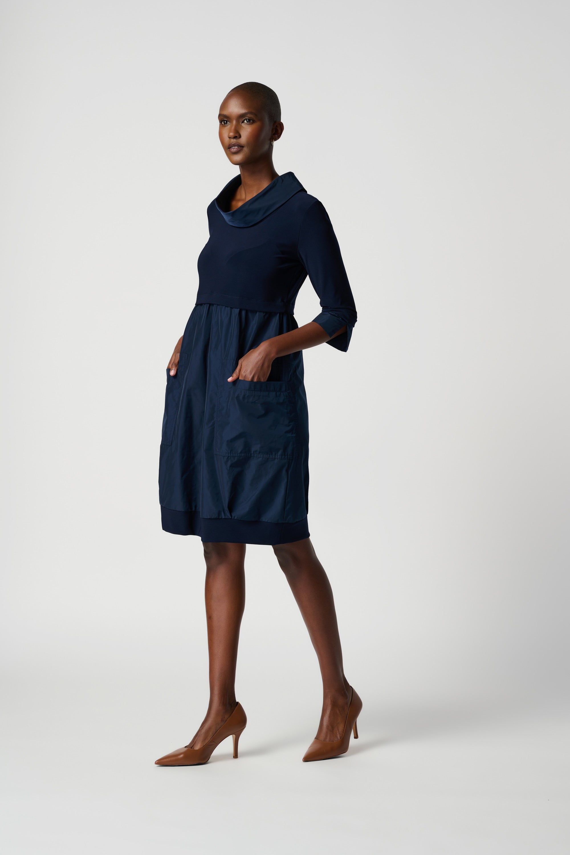 Front image of Joseph Ribkoff midnight blue cocoon dress.