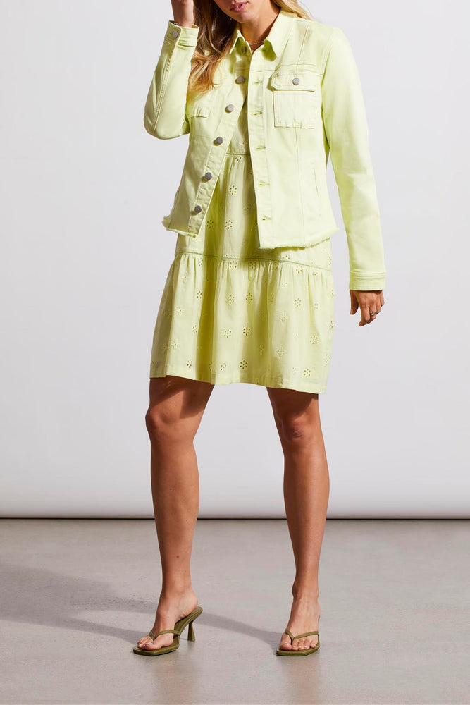 Front image of Tribal wild lime button front jacket. Long sleeve raw hemline casual jacket. 