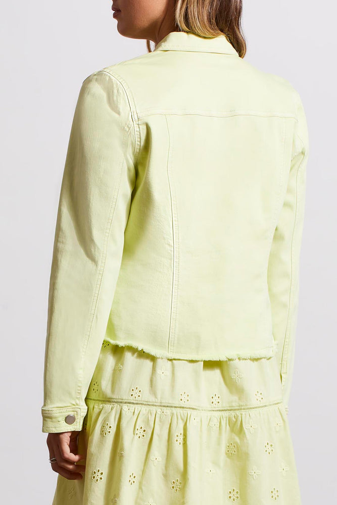 Back image of Tribal wild lime button front jacket. Long sleeve raw hemline casual jacket. 