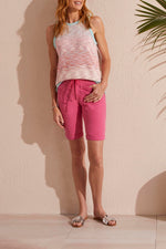 Front View Raspberry Colored Pull On Drawstring Short with Cuff and Pockets