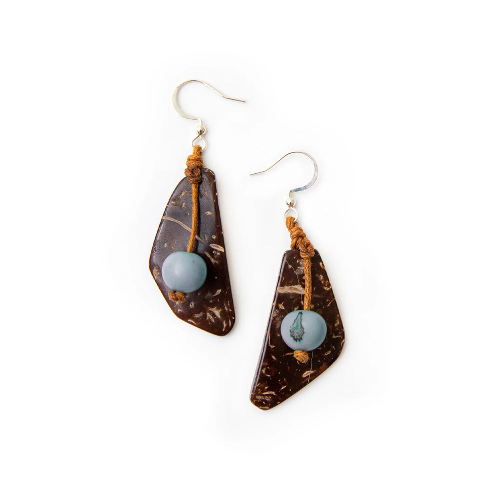 Front image of Tagua Baru Earrings. Blue handmade dangle earrings. 