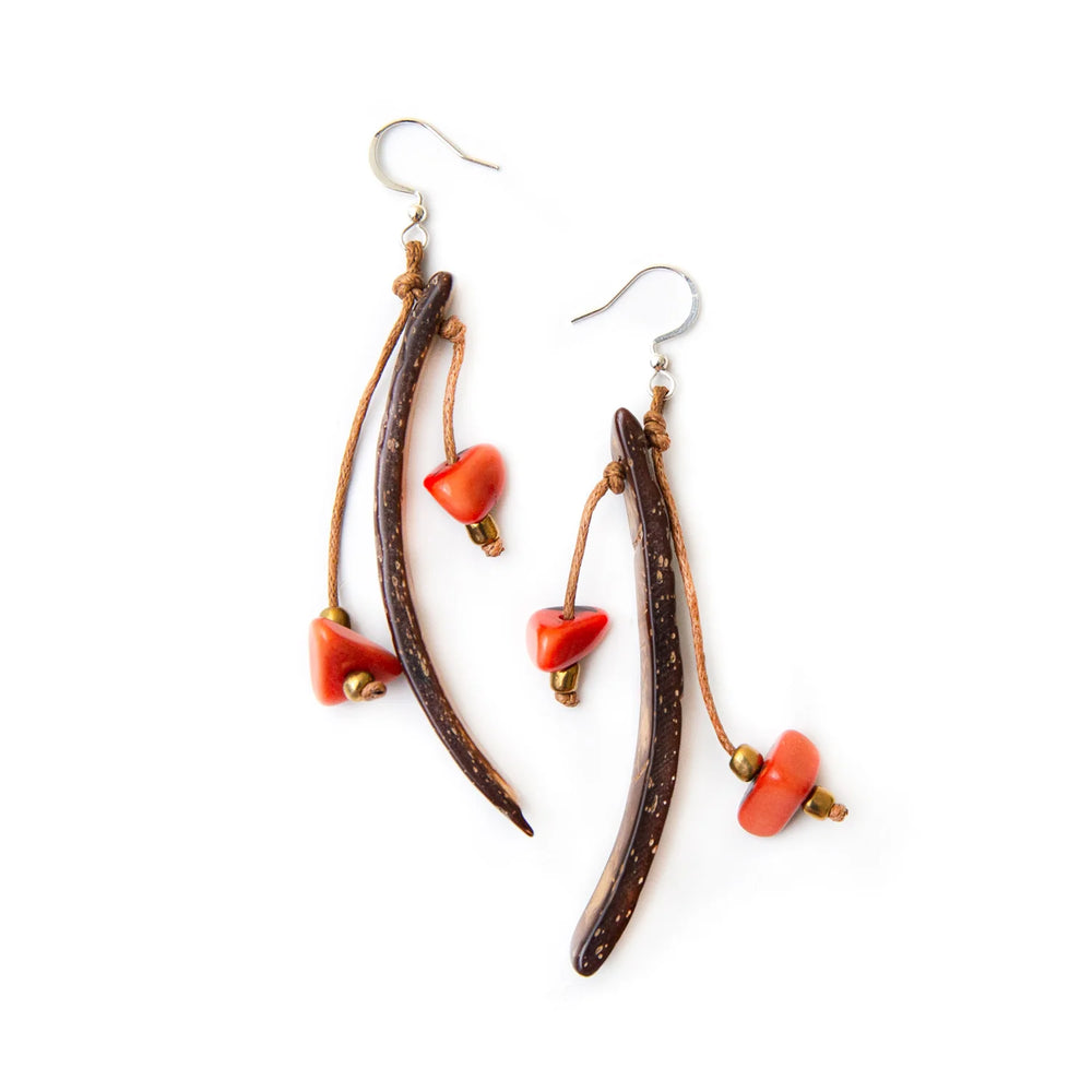 Front image of Tagua Quintana Earrings. Poppy coral dangle earrings. 