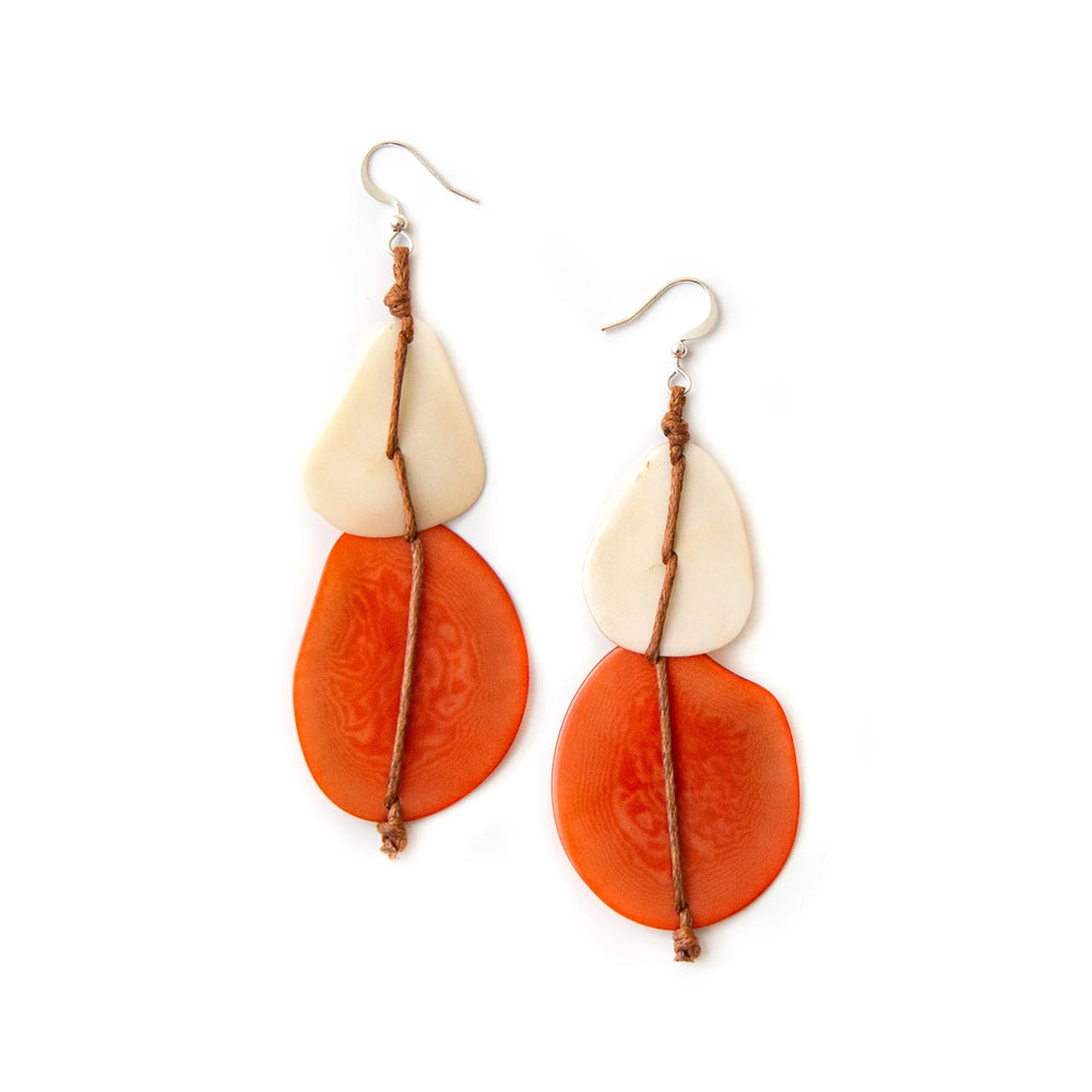 Front image of Tagua Alana Earrings. Poppy Coral Combo handmade dangle earrings. 