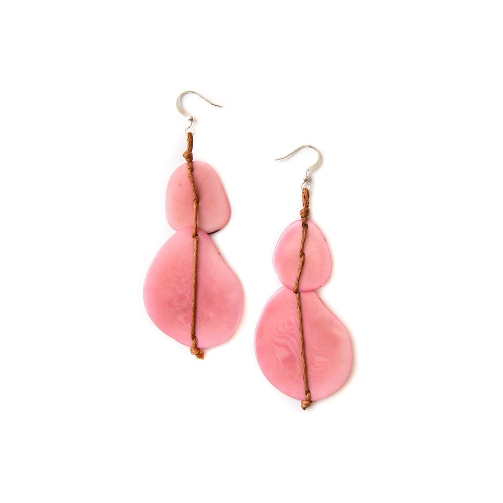 Front image of Tagua Alana Earrings. Pink handmade dangle earrings. 