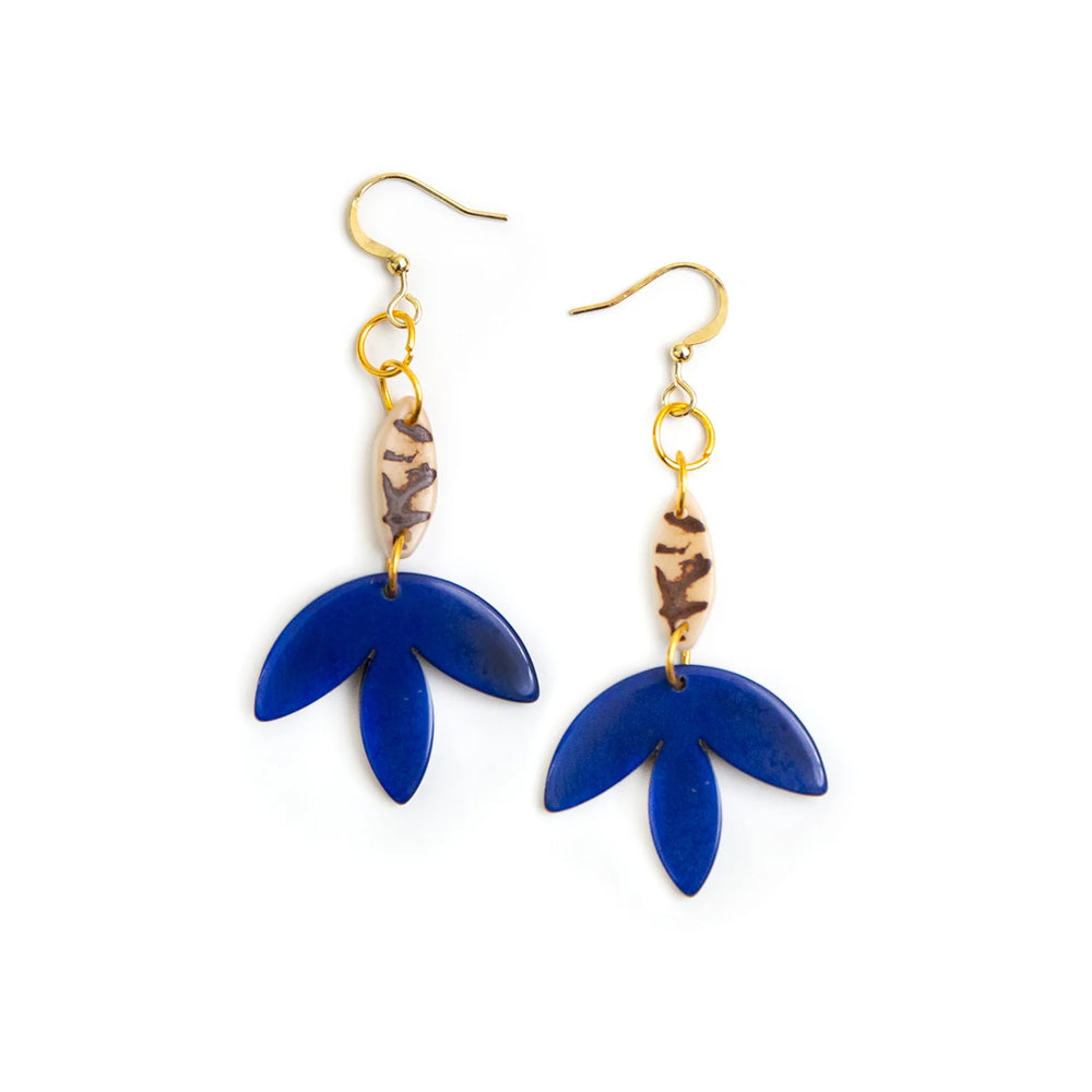 Front image of Tagua Isis Earrings. Royal blue and ivory dangle earrings. 
