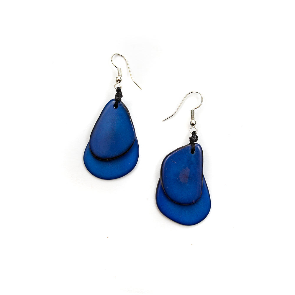 Front image of Tagua Fiesta Earrings. Azul blue handmade dangle earrings. 