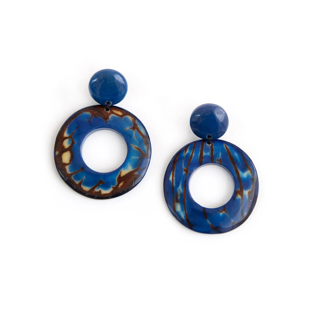 Front image of Tagua Savannah Earrings. Royal blue earrings. 