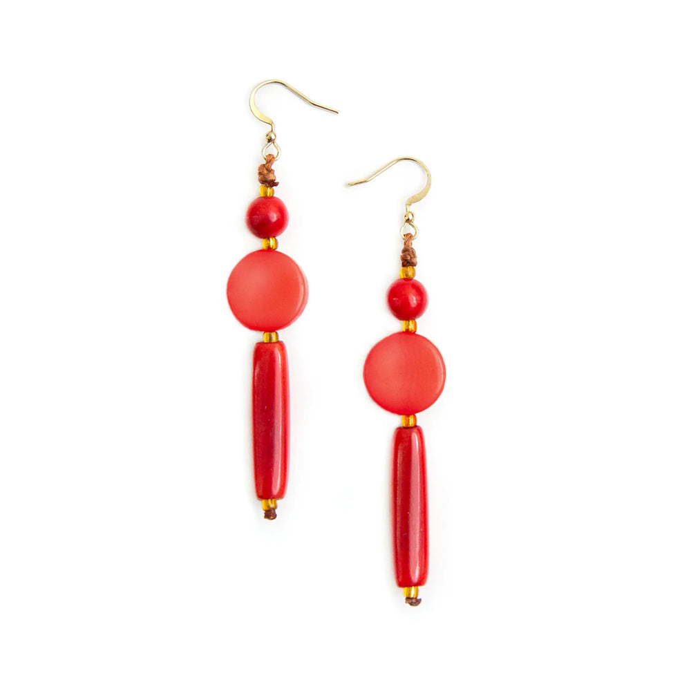 Front image of Tagua Dionne Earrings. Red handmade dangle earrings. 