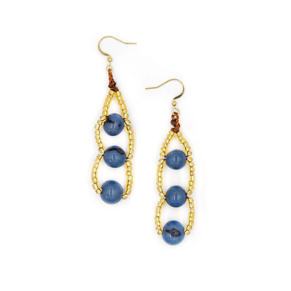 Front image of Tagua Sadie earrings. Blue beaded dangle earrings. 