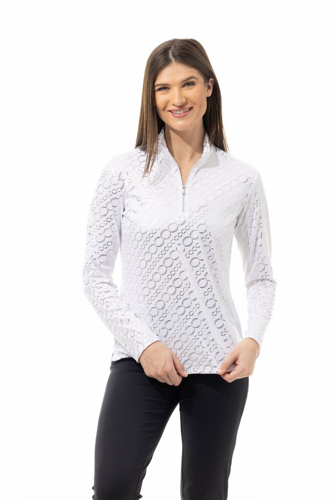 Front image of SanSoleil solshine long sleeve top. White and silver printed top. 