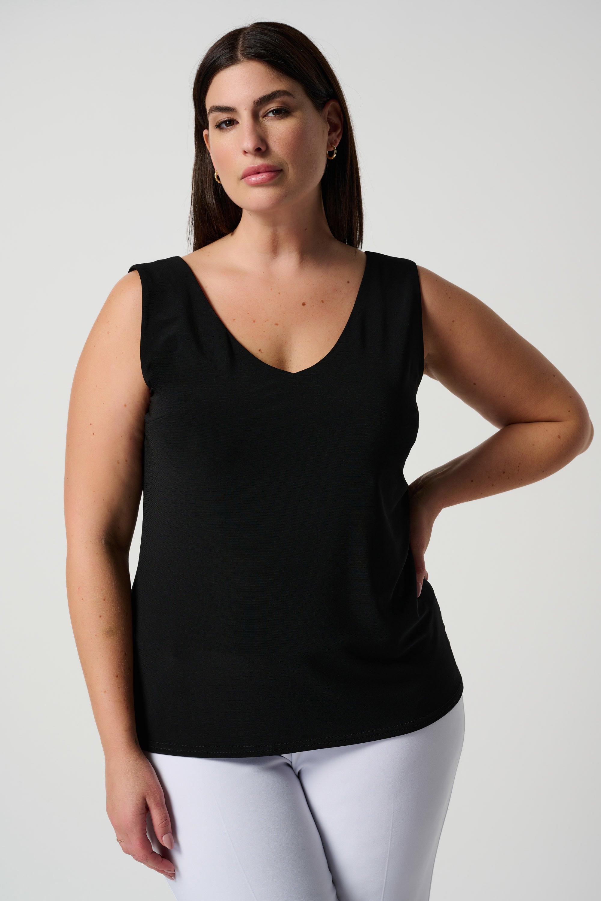 Front image of Joseph Ribkoff classic v-neck black tank. 
