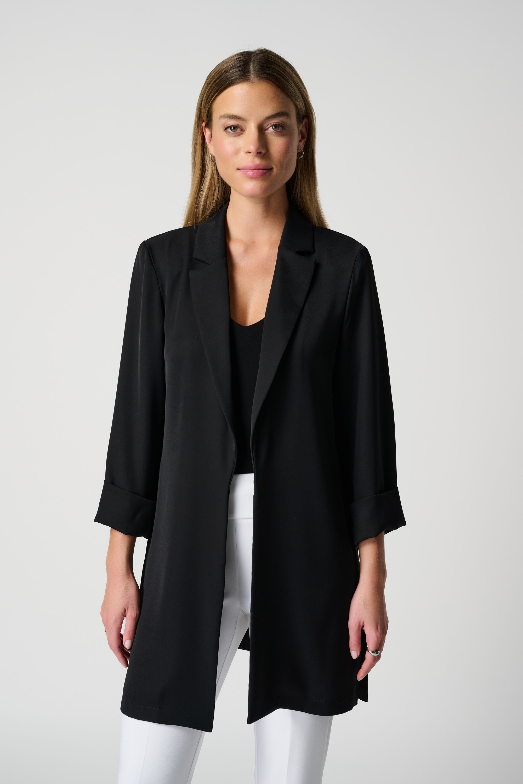 Front image of Joseph Ribkoff classic blazer in black.