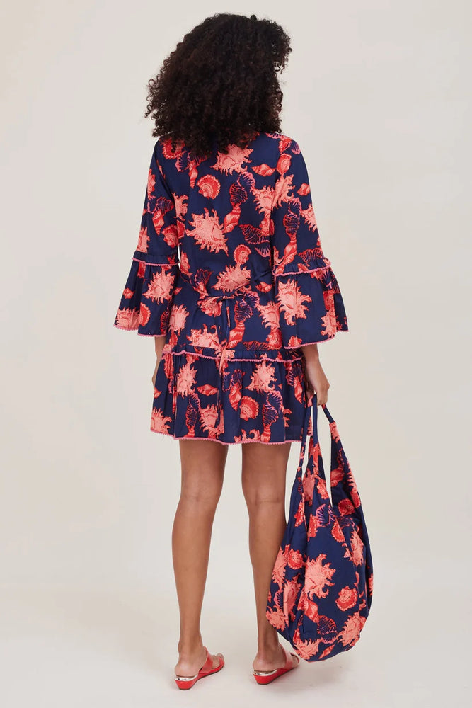 Front image of ModaPosa flared sleeve Ilaria dress. Summer printed dress with bell sleeves. 