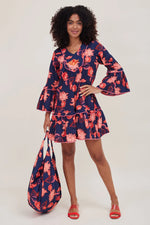 Front image of ModaPosa flared sleeve Ilaria dress. Summer printed dress with bell sleeves. 