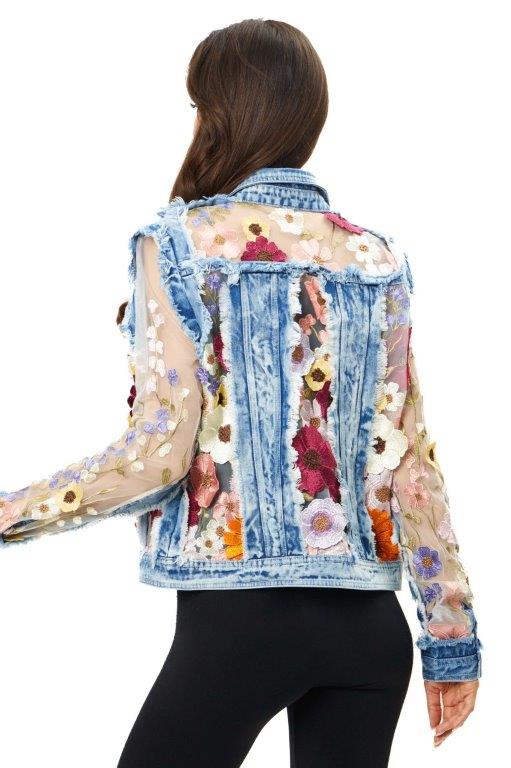 Back image of adore printed jacket. Floral and denim printed long sleeve jacket.