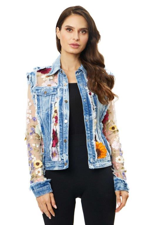 Front image of adore printed jacket. Floral and denim printed long sleeve jacket. 