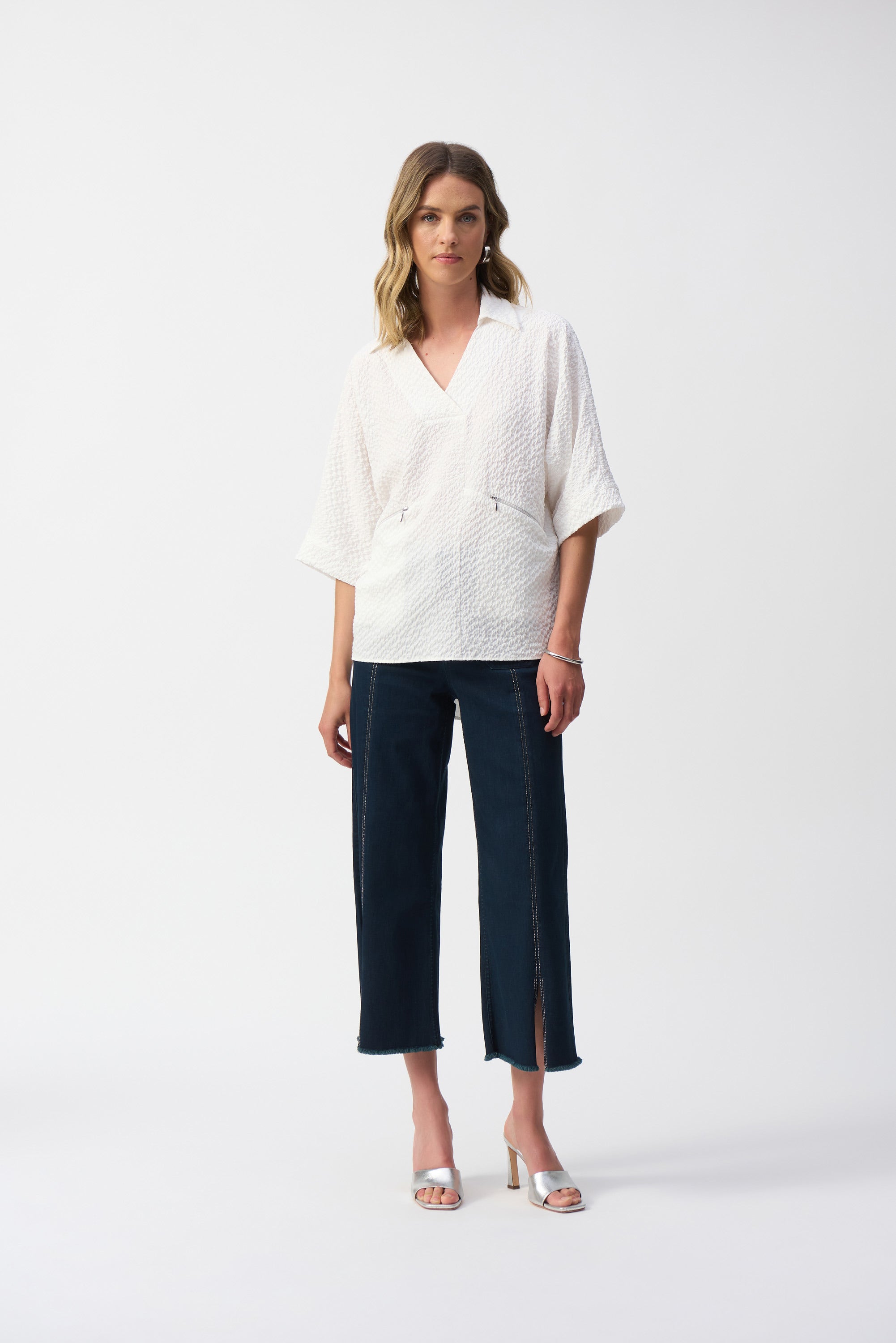 Front image of Joseph Ribkoff culotte jean with embellishments. 