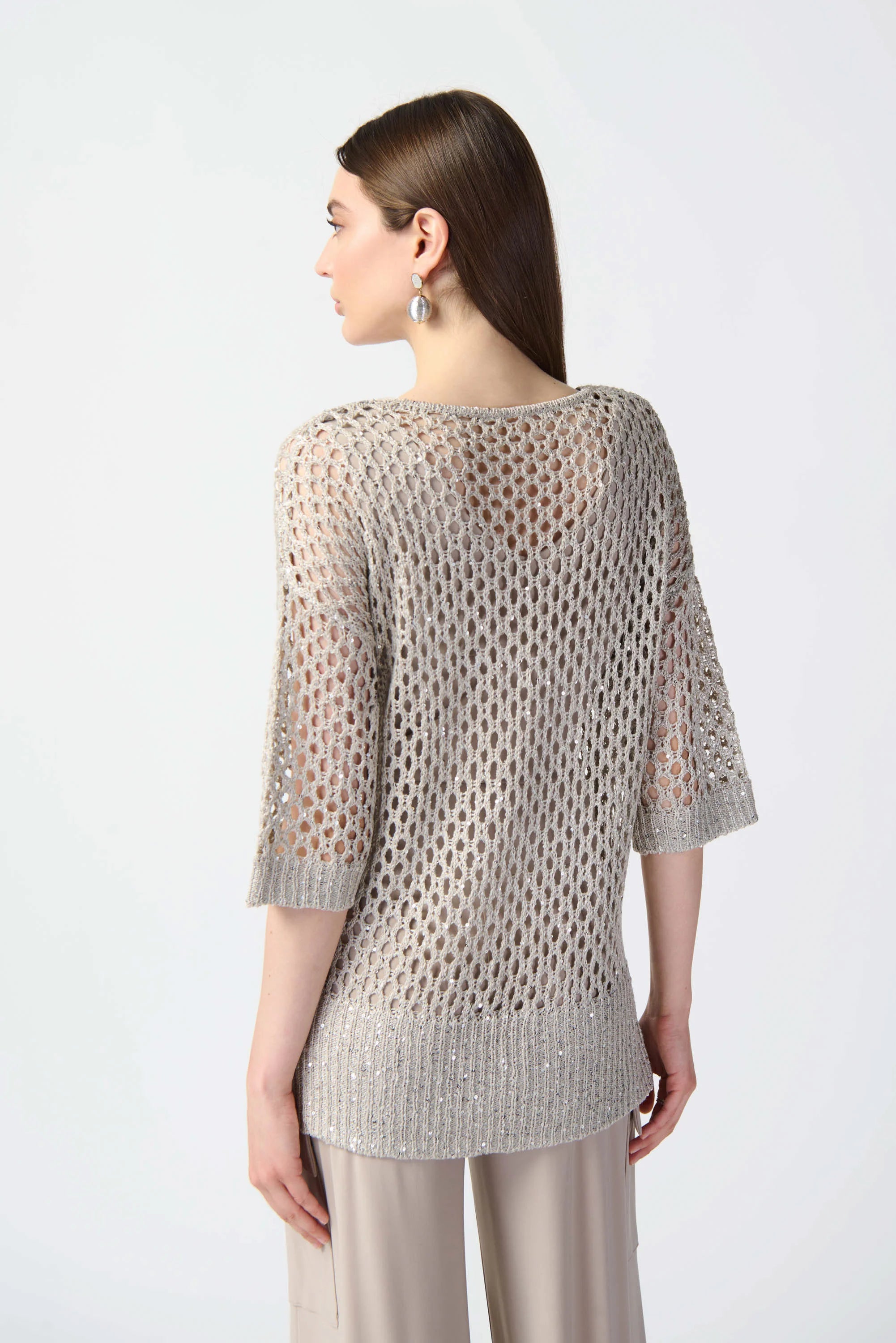 Back image of Joseph Ribkoff open stitch sweater in champagne.