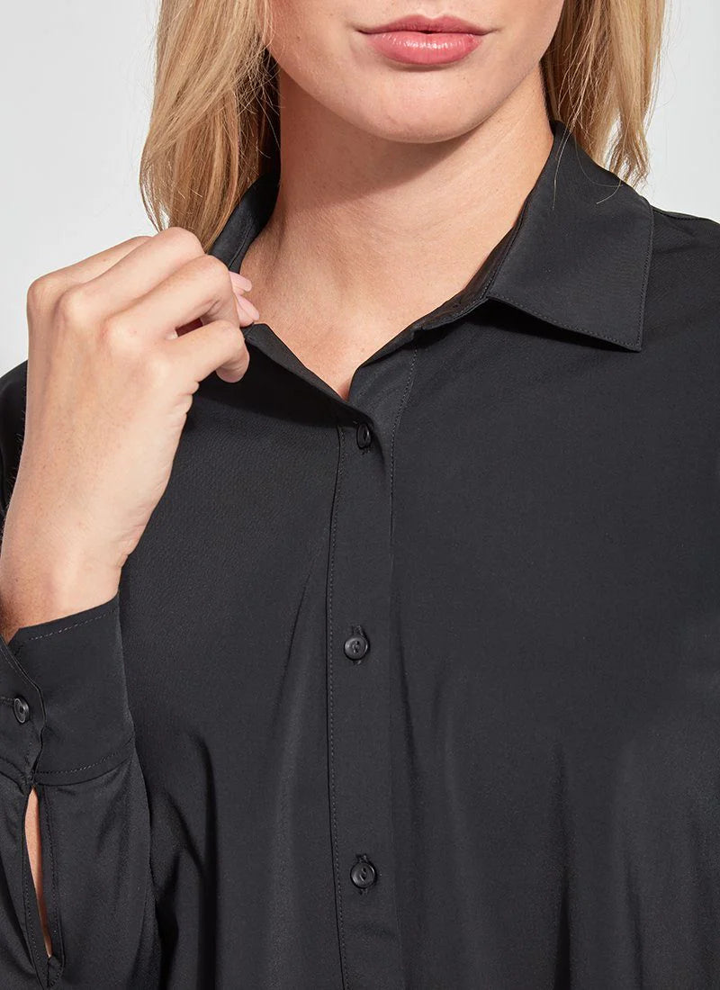 Front detail image of Lysse connie button down in black. 