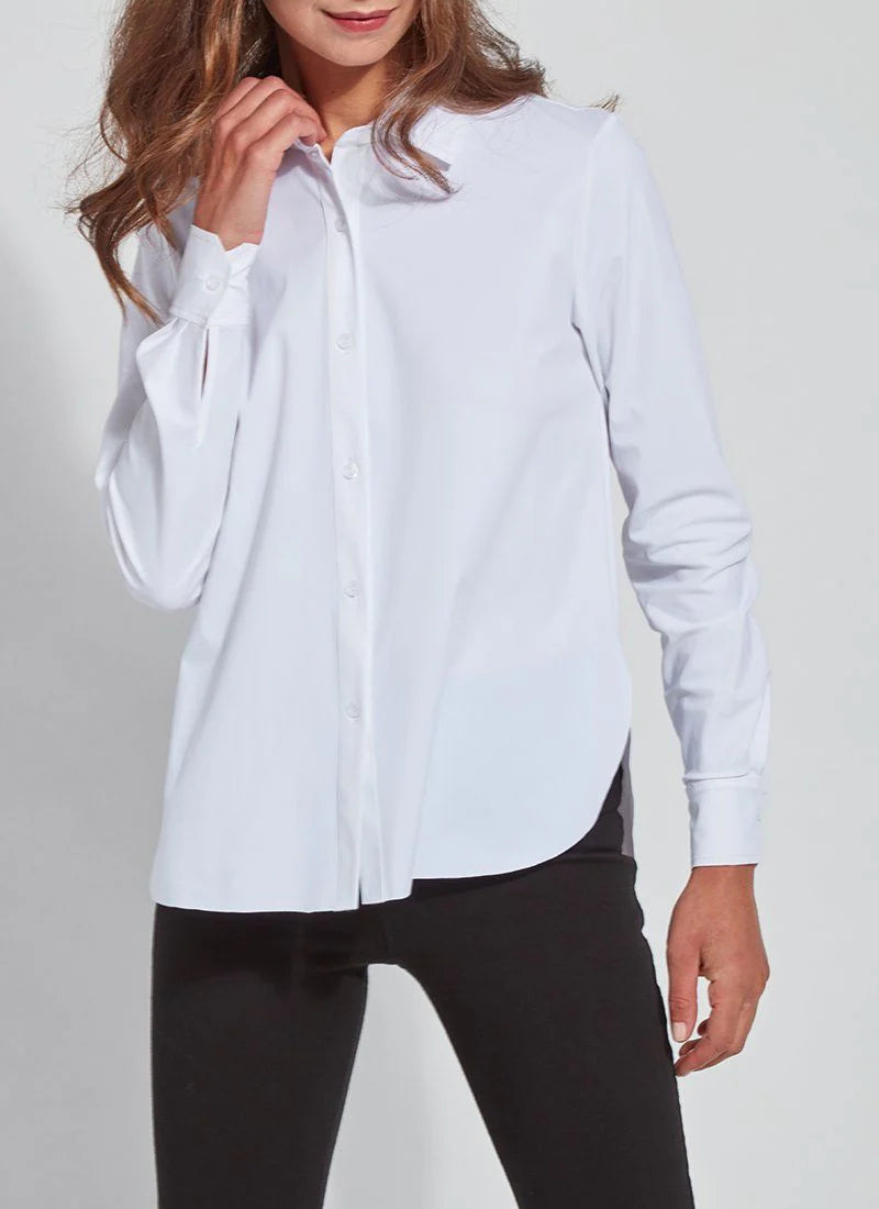 Front image of Lysse white button down connie top. 