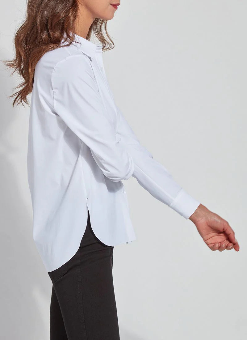 Side image of Lysse white button down connie top. 