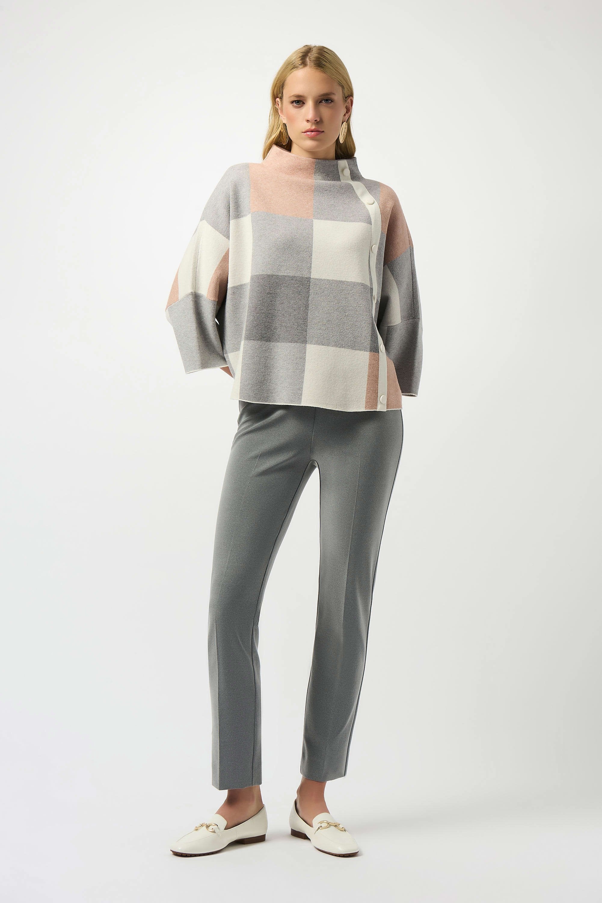 Full Body View Image of Joseph Ribkoff  Plaid Jacquard Sweater Knit Top in Rose/Multi