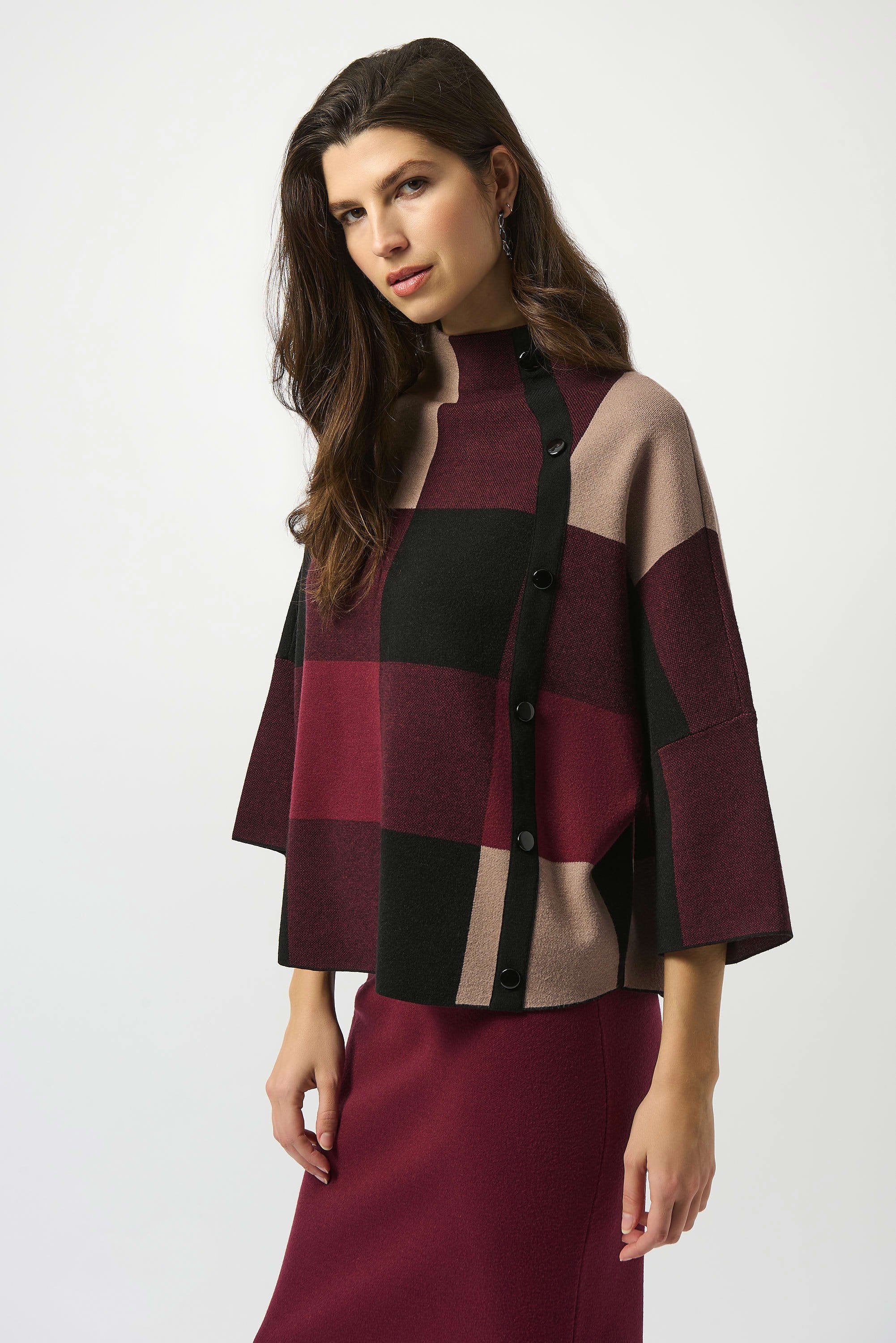 Front Side View Image of  Joseph Ribkoff Plaid Jacquard Sweater Knit Top in Merlot/Multi