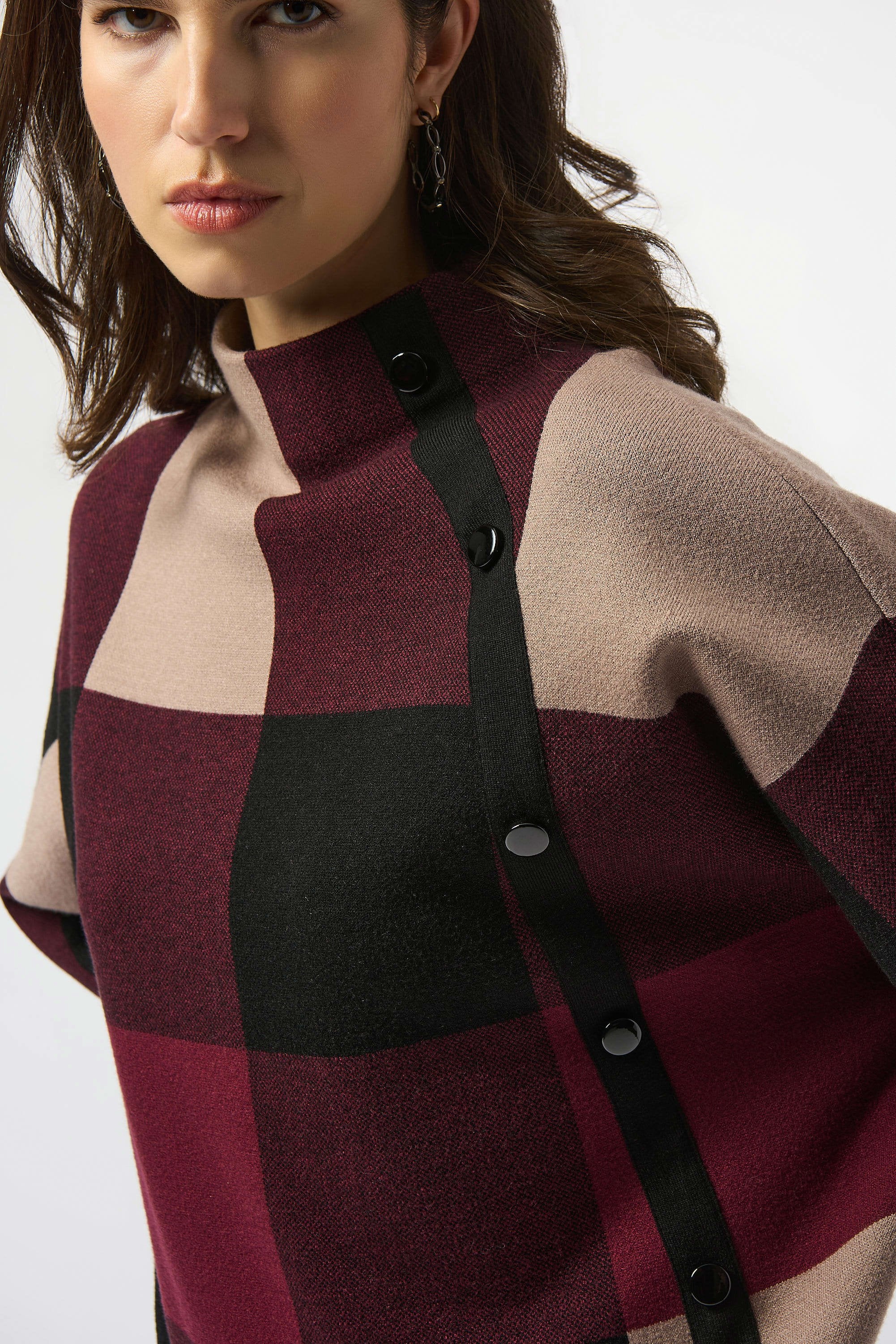 Front Close Up View Image of  Joseph Ribkoff Plaid Jacquard Sweater Knit Top in Merlot/Multi