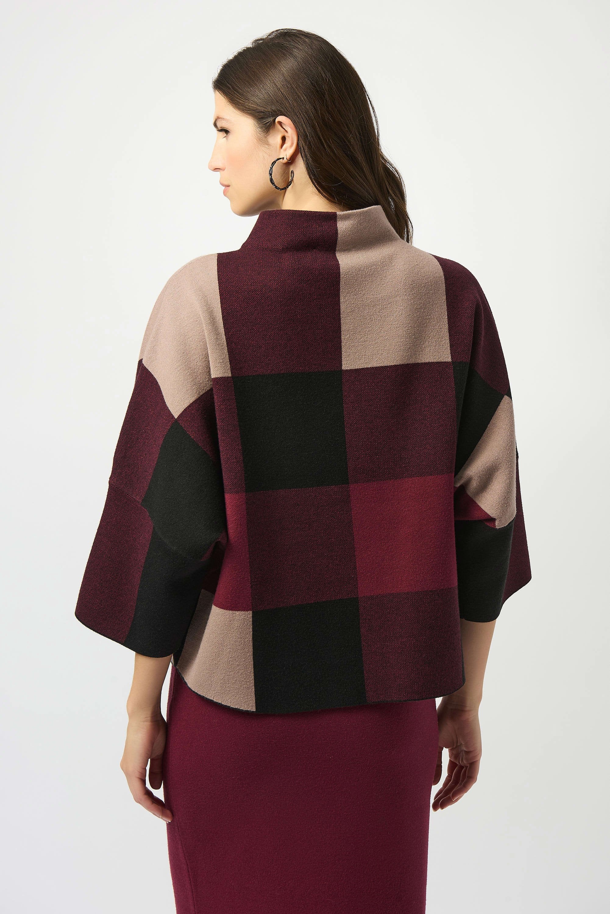 Back View Image of  Joseph Ribkoff Plaid Jacquard Sweater Knit Top in Merlot/Multi