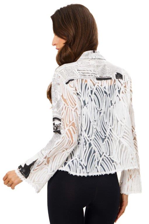 Back image of Adore newspaper printed sheer button front top. 