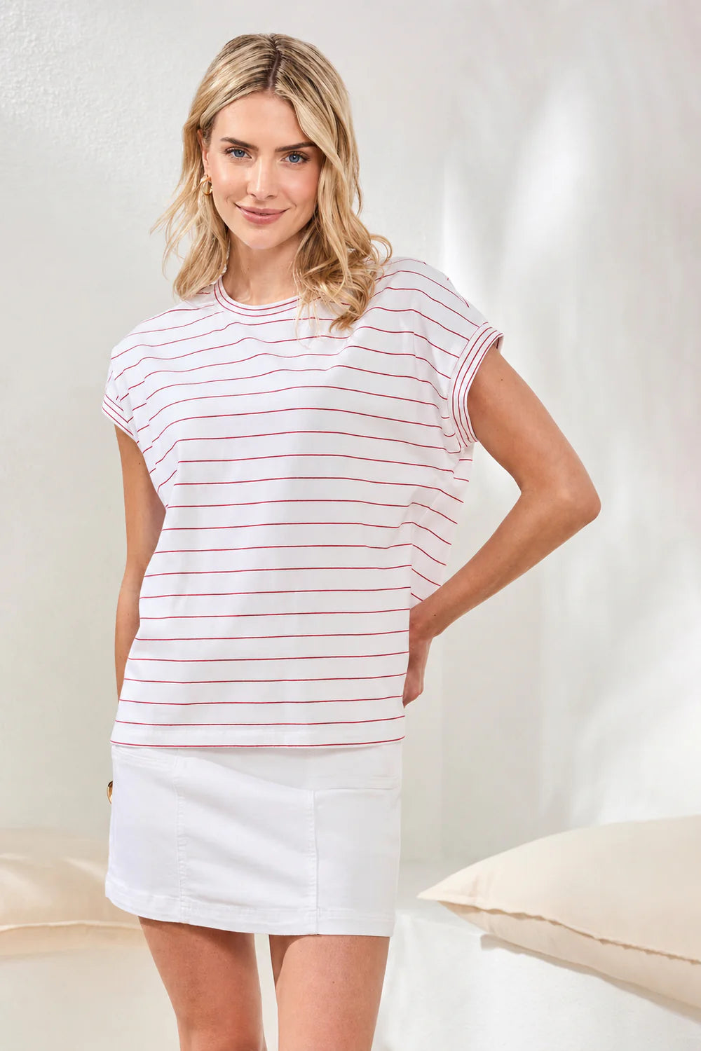 Front View Image of Patchington Cap Sleeve sangria Stripe Combo Top in Sangria Stripe