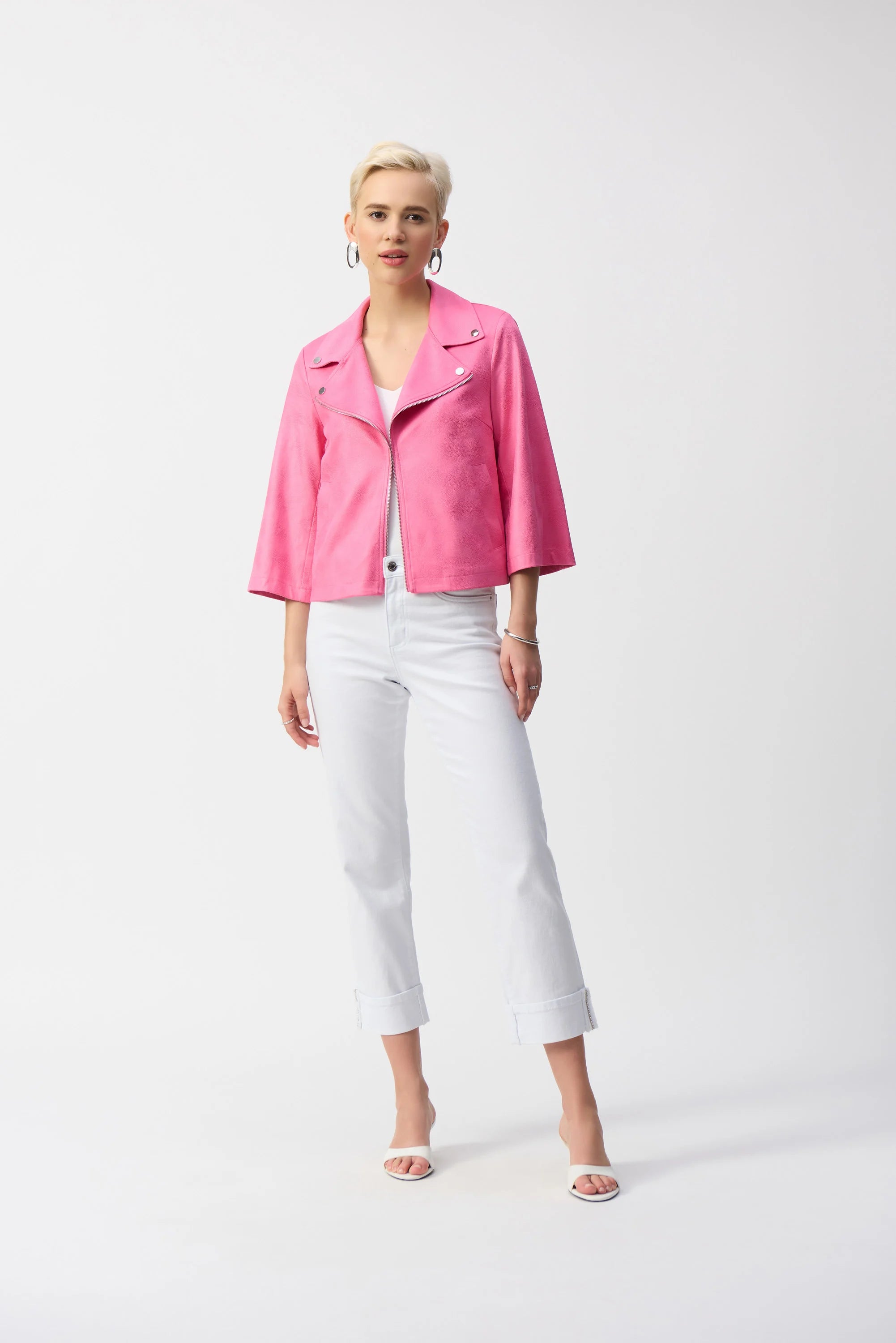 Front image of Joseph Ribkoff foiled faux suede swing jacket in bubble gum pink.