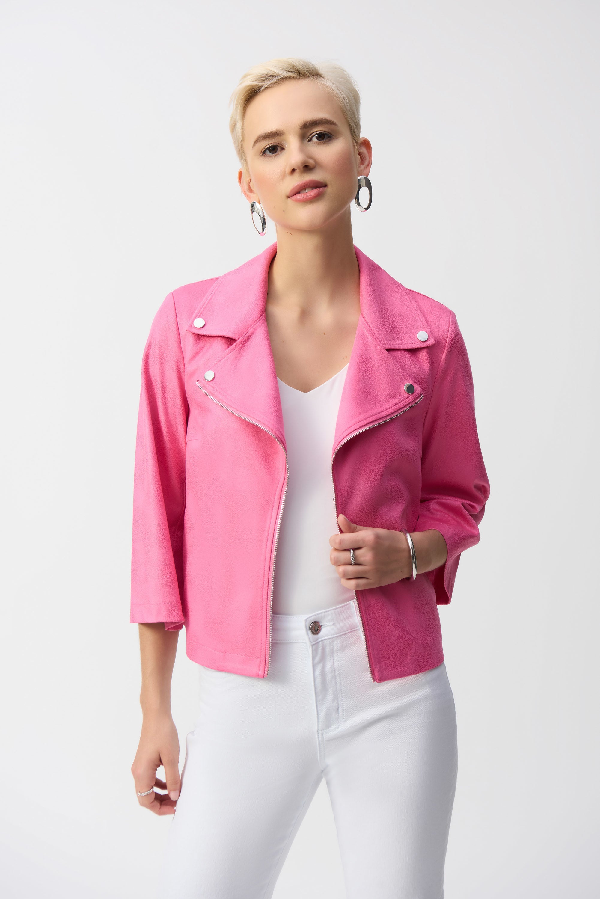 Front image of Joseph Ribkoff foiled faux suede swing jacket in bubble gum pink.