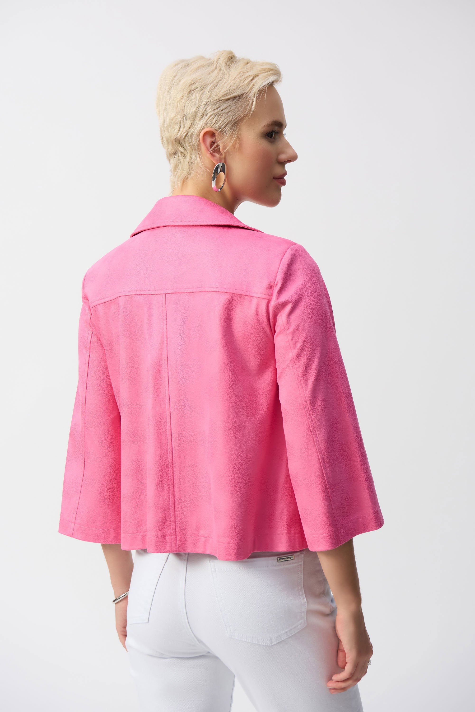 Back image of Joseph Ribkoff foiled faux suede swing jacket in bubble gum pink.
