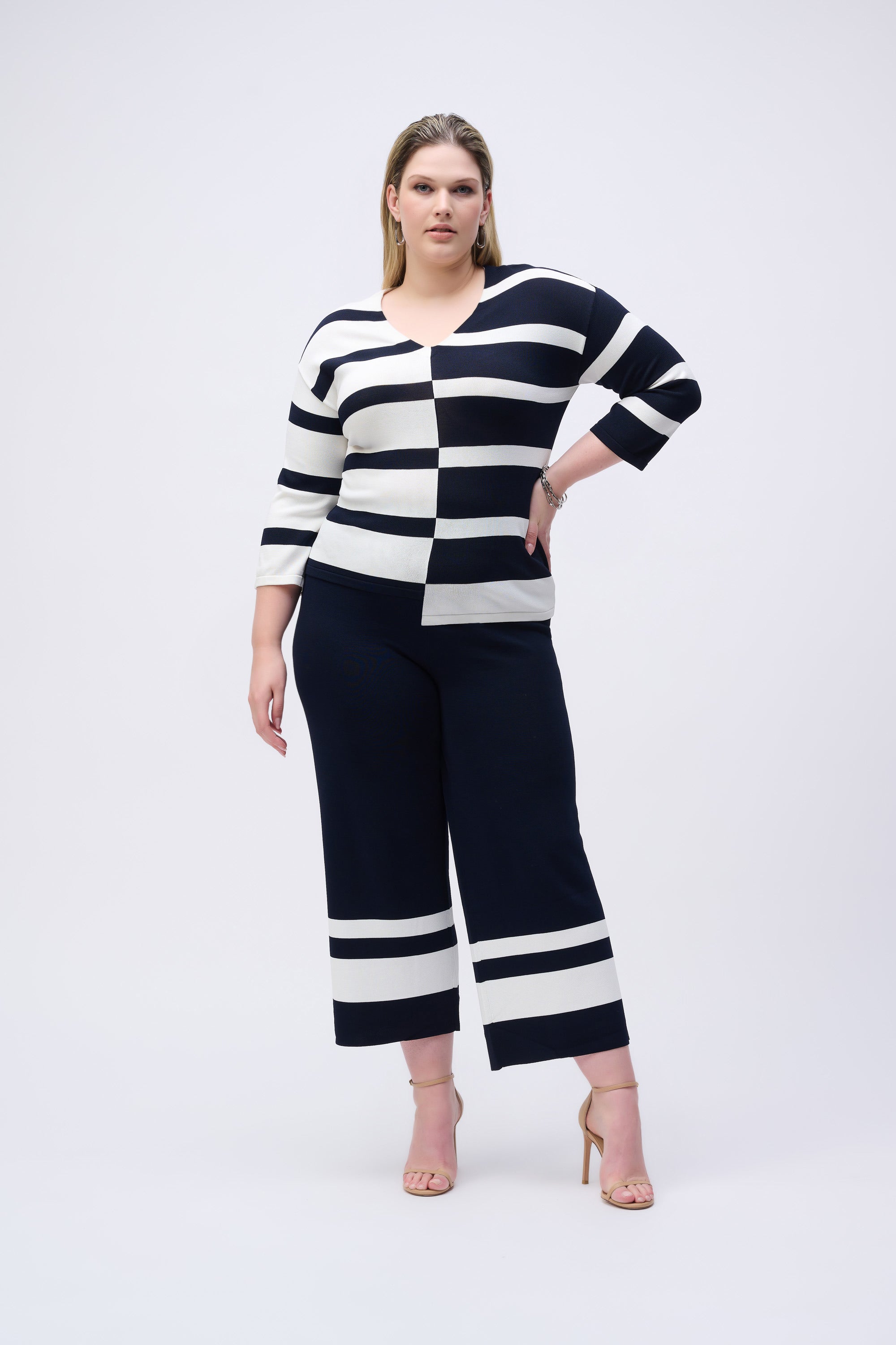 Front image of Joseph Ribkoff placement striped knit culotte. 