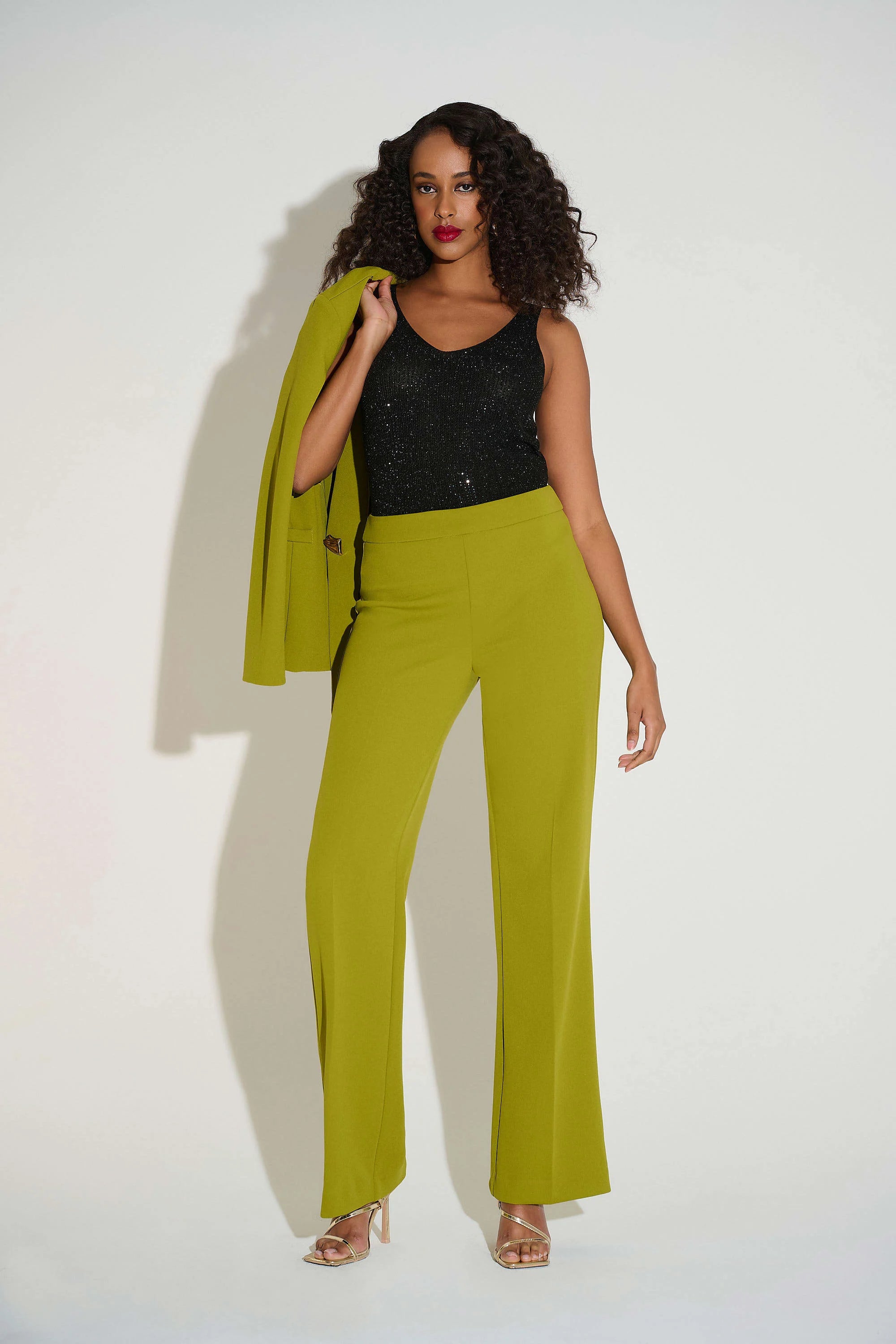 Full Body Image of Joseph Ribkoff Metallic Knitted Camisole with Rhinestones in black
