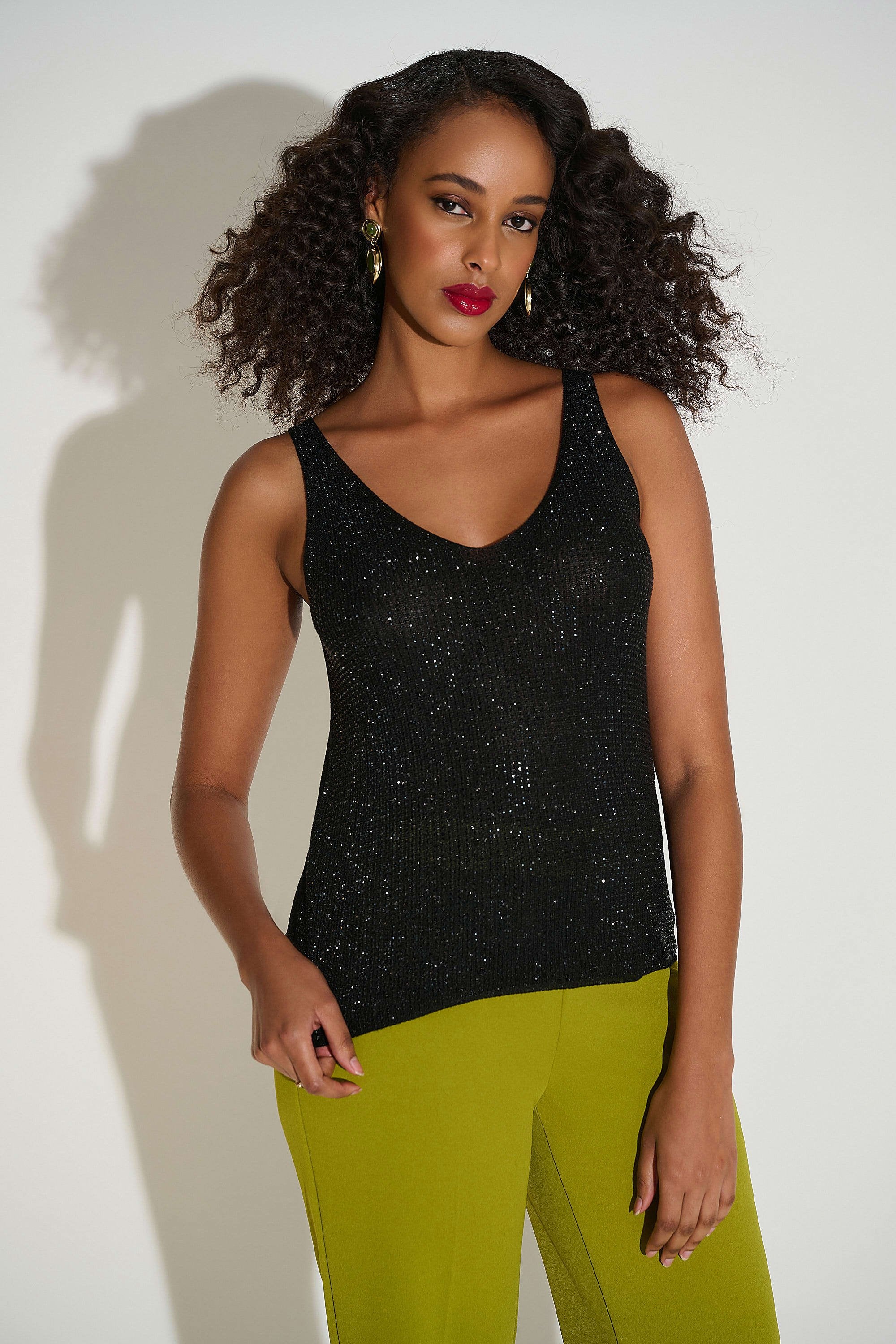 Front Image of Joseph Ribkoff Metallic Knitted Camisole with Rhinestones in black