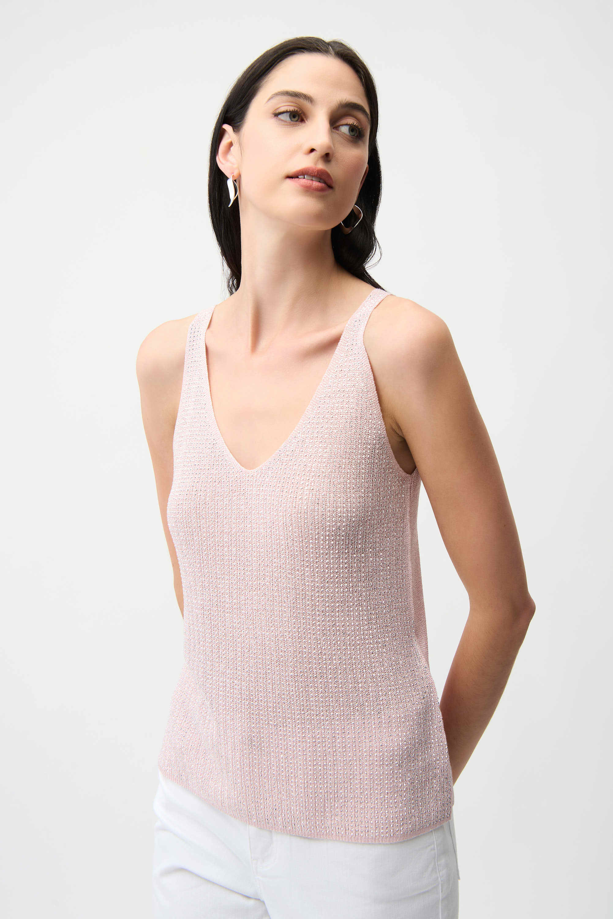 Front View Image of Joseph Ribkoff Metallic Knitted Camisole with Rhinestones in Petal Pink
