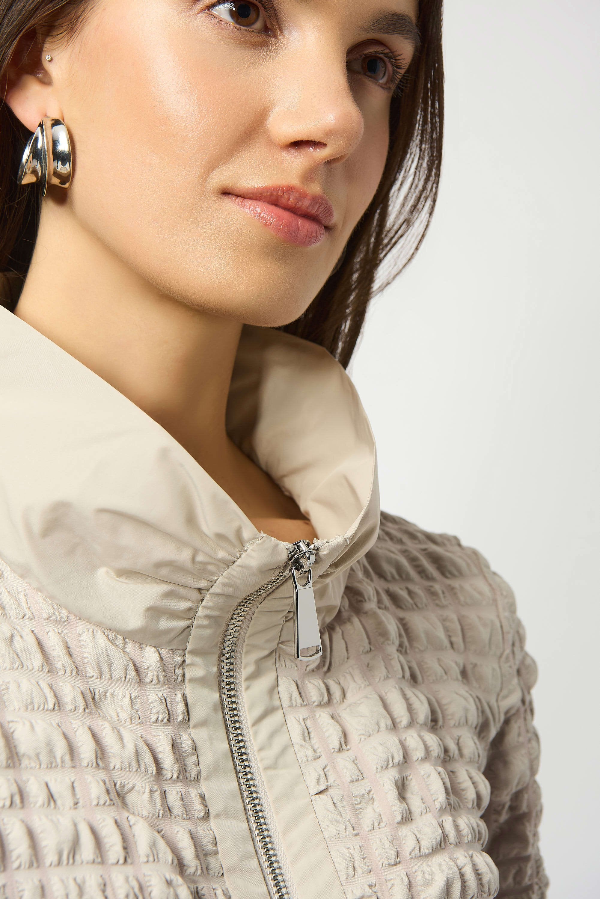 Close Up View Image of Joseph Ribkoff  Bubble Jacquard A-Line Top in Moonstone