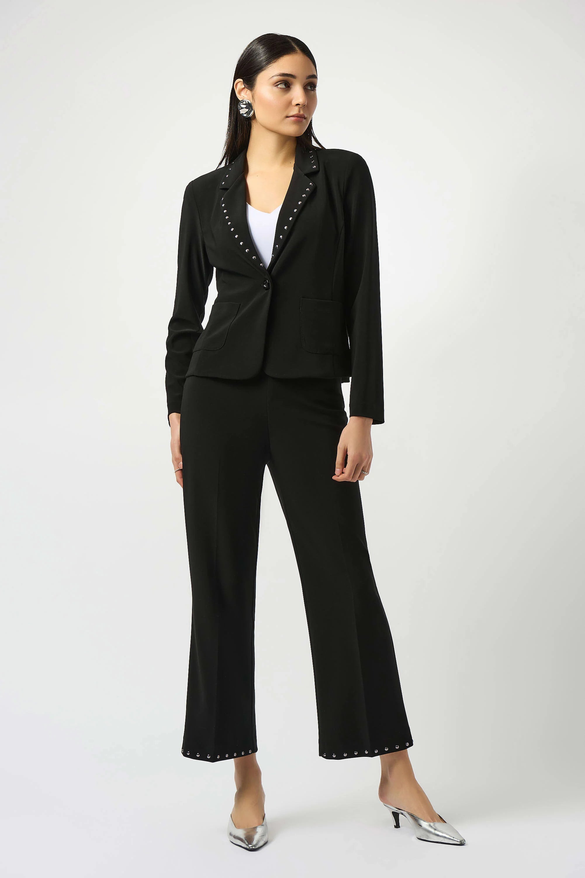 Full Body  Image of Joseph Ribkoff Silky Knit Wide-Leg Pull-On Pants in Black